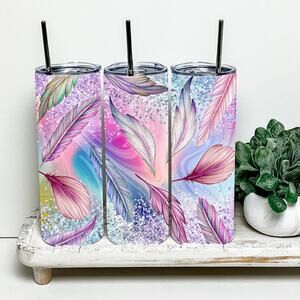 Feather Water Color 20oz Tumbler With Metal Straw